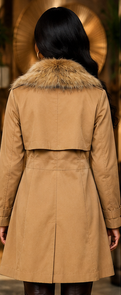 Camel Luxe Faux-Fur Collar Trench Coat