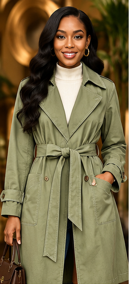 Sage Avenue Contrast-Stitch Belted Trench Coat