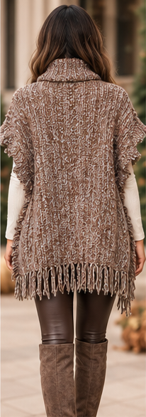 Cocoa Cloud Fringe Cowl-Neck Poncho Sweater