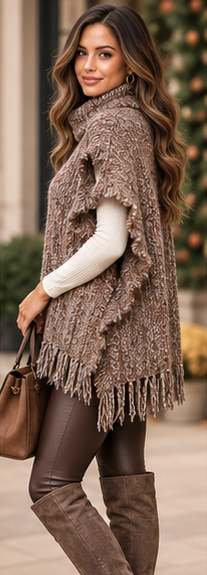 Cocoa Cloud Fringe Cowl-Neck Poncho Sweater
