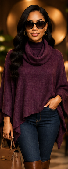 Plum Embrace Draped Cowl-Neck Knit Poncho