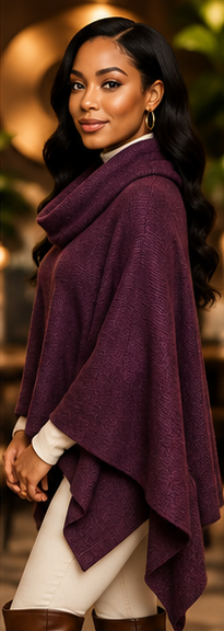 Plum Embrace Draped Cowl-Neck Knit Poncho