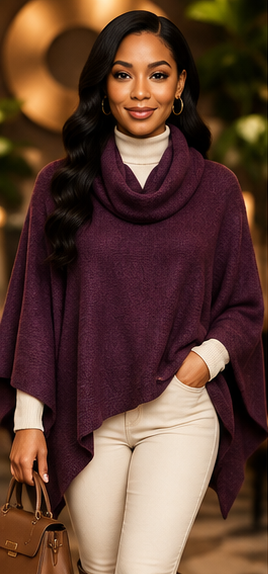 Plum Embrace Draped Cowl-Neck Knit Poncho