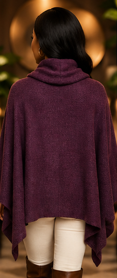 Plum Embrace Draped Cowl-Neck Knit Poncho