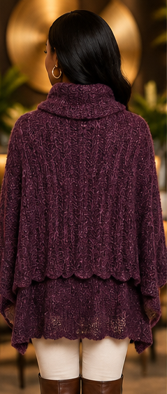 Plum Elegance Layered Knit Turtleneck Poncho