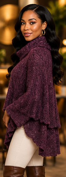 Plum Elegance Layered Knit Turtleneck Poncho