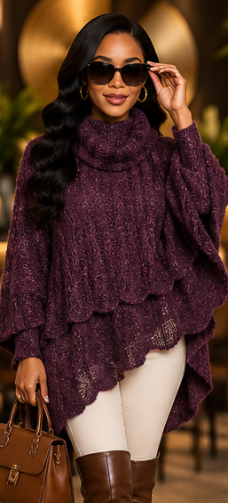 Plum Elegance Layered Knit Turtleneck Poncho