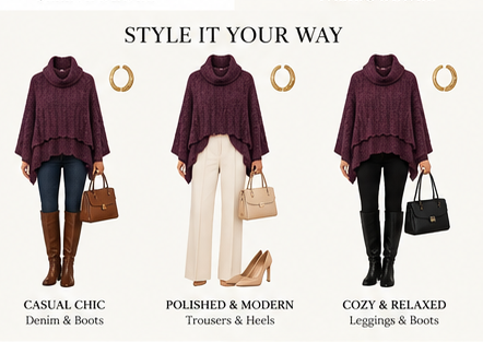 Plum Elegance Layered Knit Turtleneck Poncho