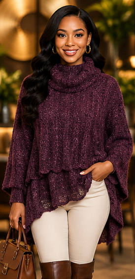 Plum Elegance Layered Knit Turtleneck Poncho