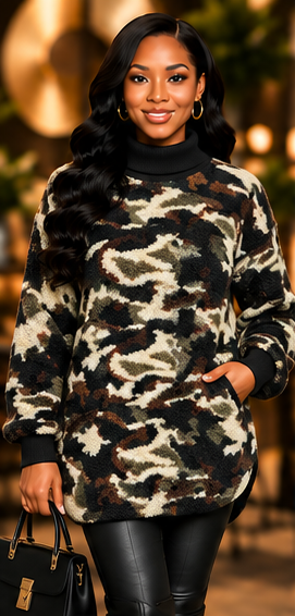 Cozy Command Camo Sherpa Tunic Sweater