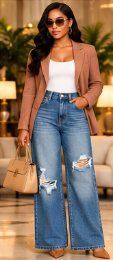 Downtown Distressed Wide-Leg Jeans