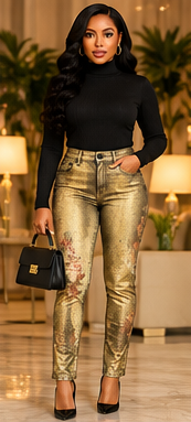 Golden Bloom Metallic Floral Skinny Jeans