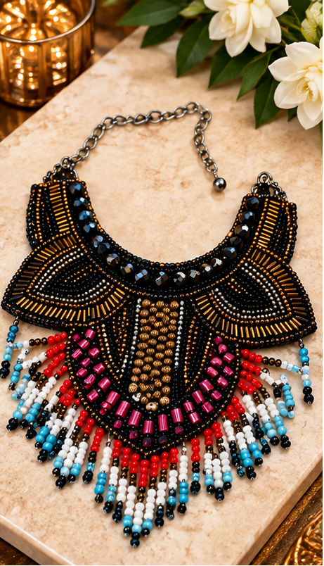 Midnight Carnival Beaded Fringe Statement Necklace