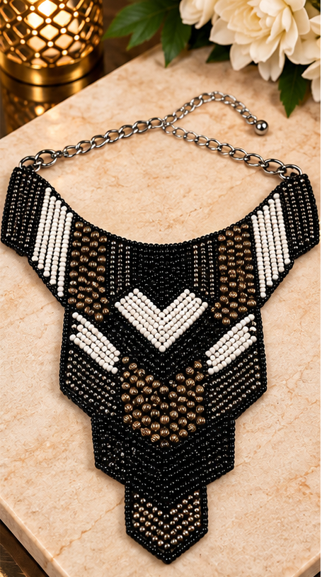 Midnight Mosaic Geometric Beaded Statement Necklace