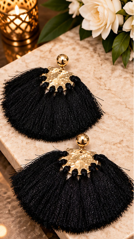 Midnight Noir Black Tassel Statement Earrings