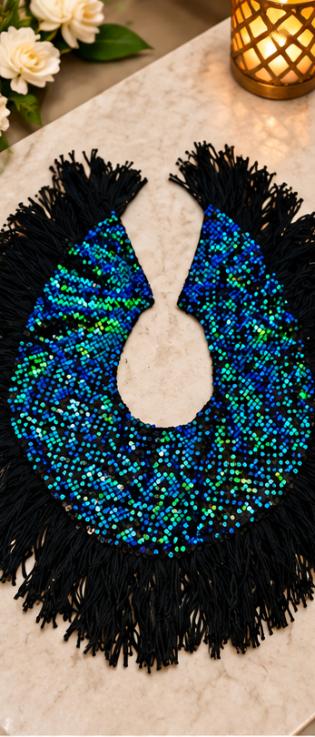 Midnight Peacock Sequin Fringe Statement Collar