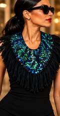 Midnight Peacock Sequin Fringe Statement Collar