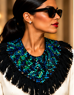 Midnight Peacock Sequin Fringe Statement Collar